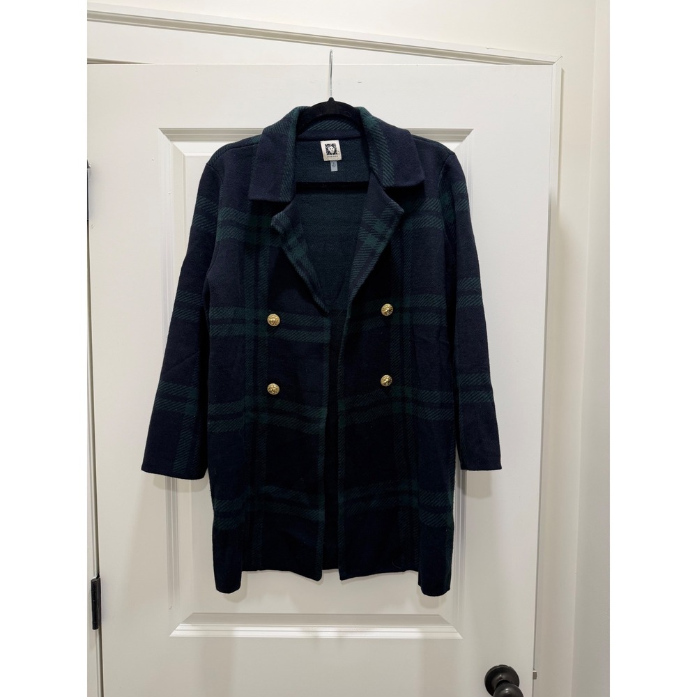 Anne Klein Navy Green Plaid Longline Cardigan Gold Button Open Front Sweater S